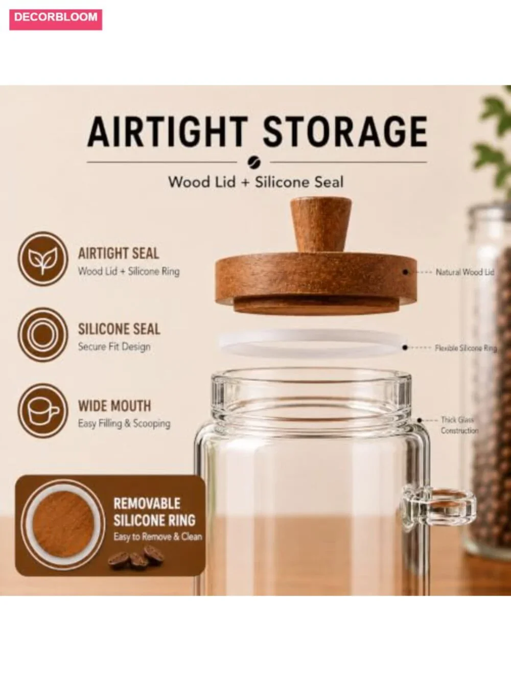 Set of 2 Glass Food Storage Jars with Wooden Lid and Spoons, 20.3oz Kitchen